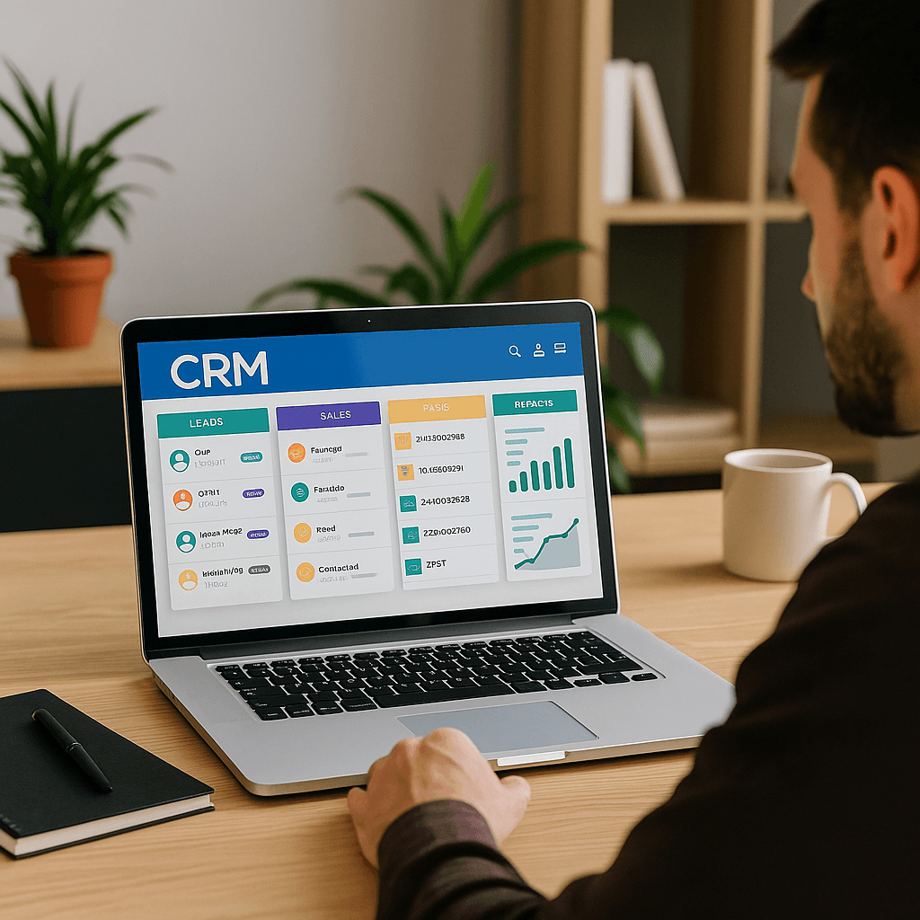 Modern workspace showing CRM integration setup by Webigen for streamlined client management