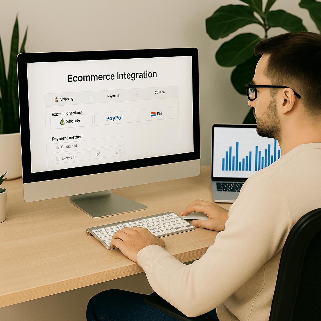 Realistic workspace with ecommerce dashboard integration by Webigen for online business success