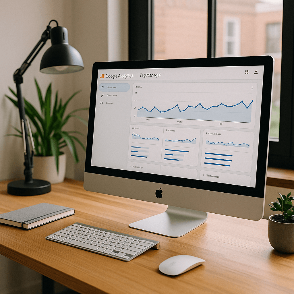 A modern workspace showing a businesswoman analyzing traffic insights using Google Analytics and Tag Manager on her computer — Webigen website services