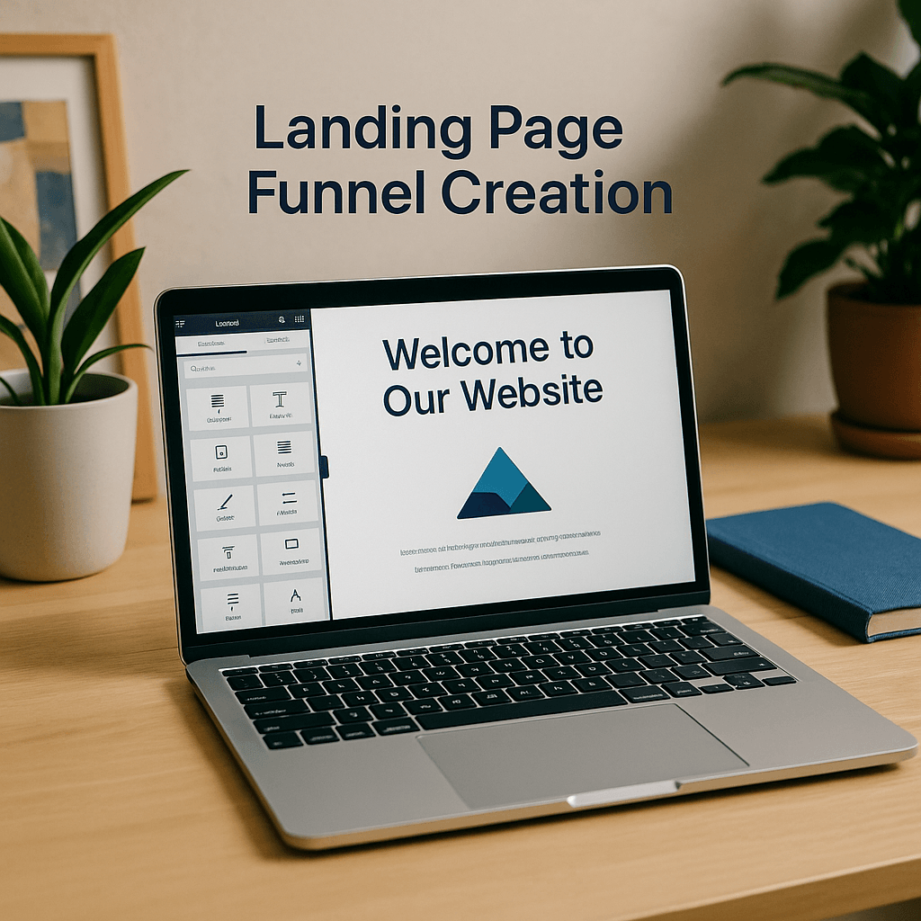 Webigen Landing Page and Funnel Creation – modern workspace with responsive website layout on screen