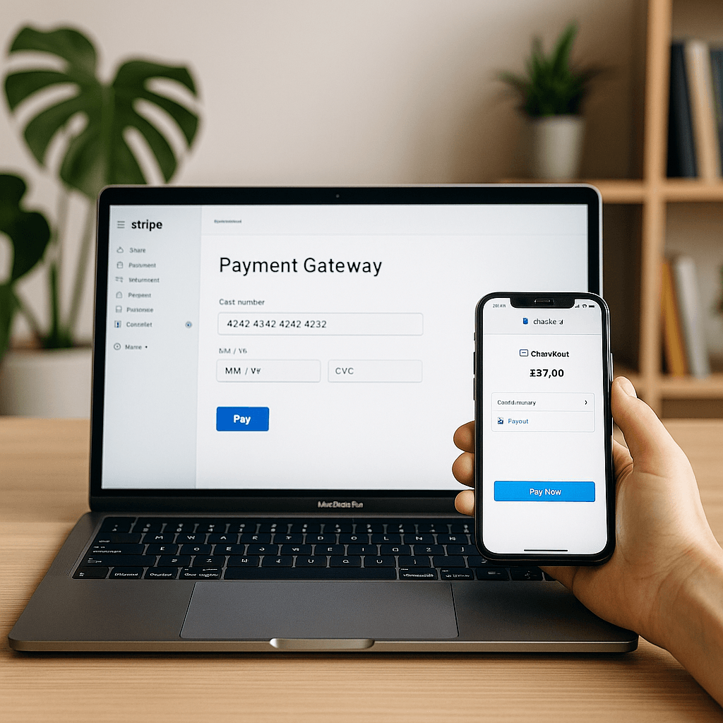 Webigen workspace showing secure online payment gateway setup on laptop and mobile device
