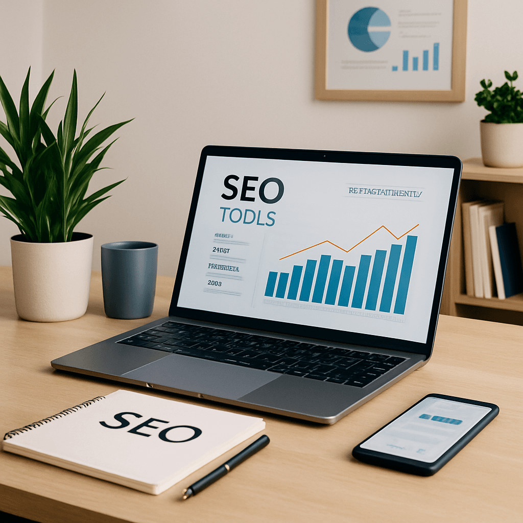 Webigen expert optimizing SEO tools in a modern workspace with analytics on screen
