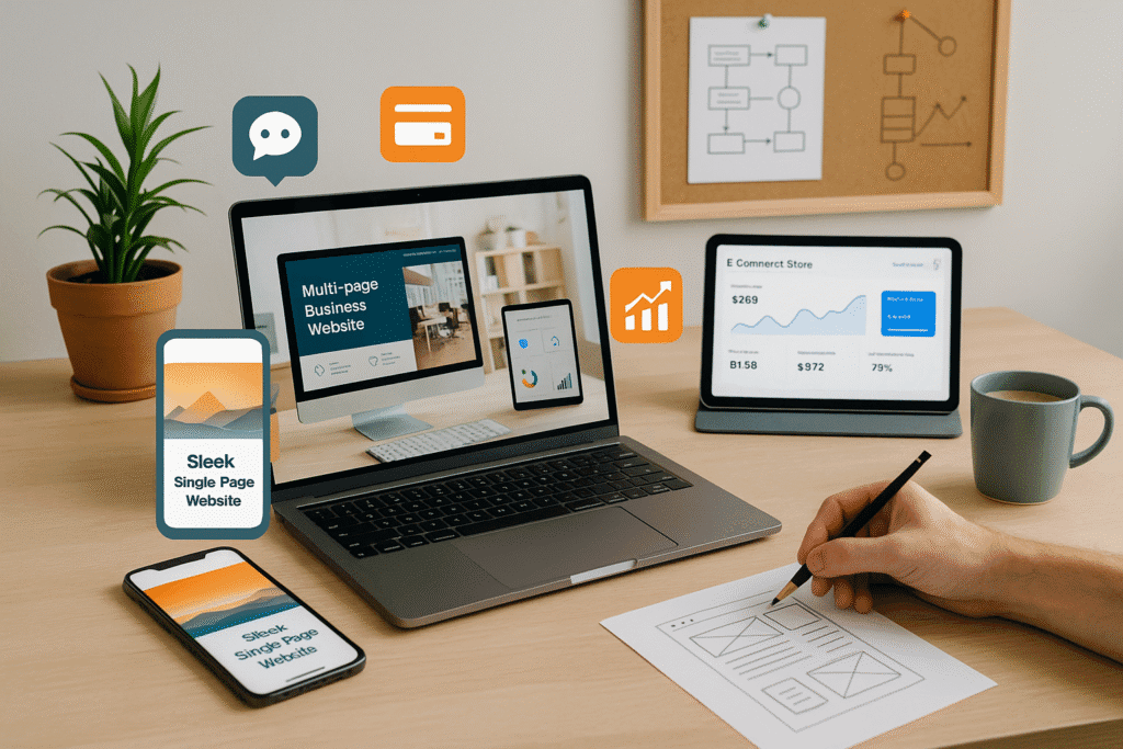 Modern workspace showing multiple devices with web design, ecommerce, and chatbot features – Webigen UK professional website services