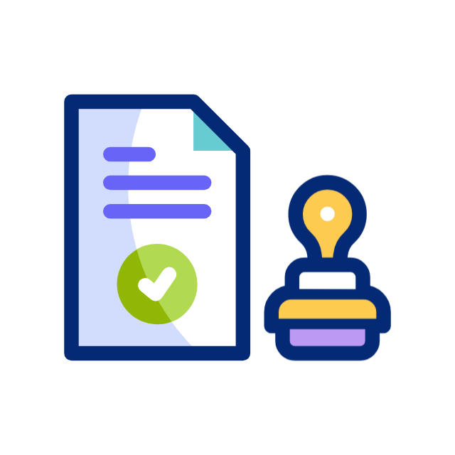 Policy page icon featuring paper, check mark, and stamp