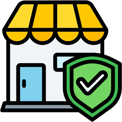 Storefront icon with a badge and checkmark, representing verified and trusted e-commerce experience